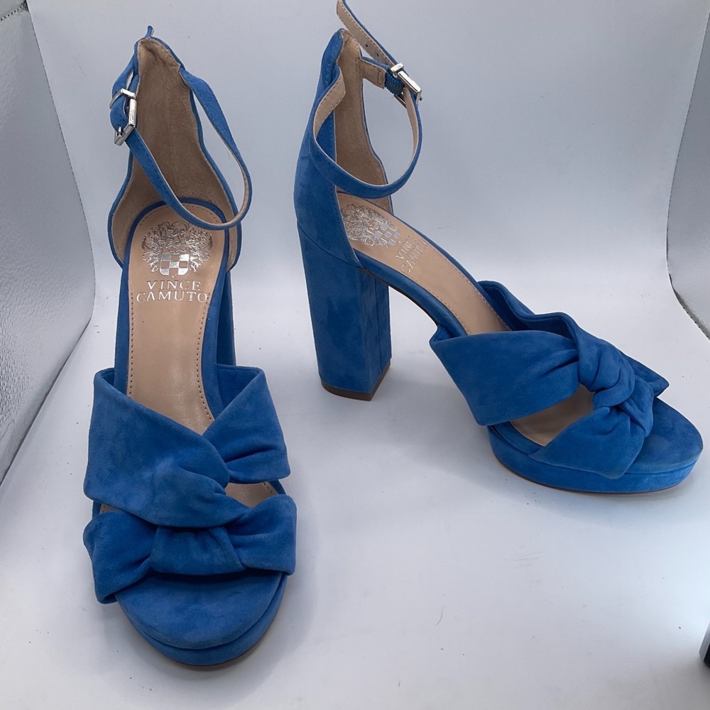 Vince Camuto Corlesta Blue Suede Knotted Dress Sandals Ankle Strap Heels 6.5 New - Picture 13 of 14